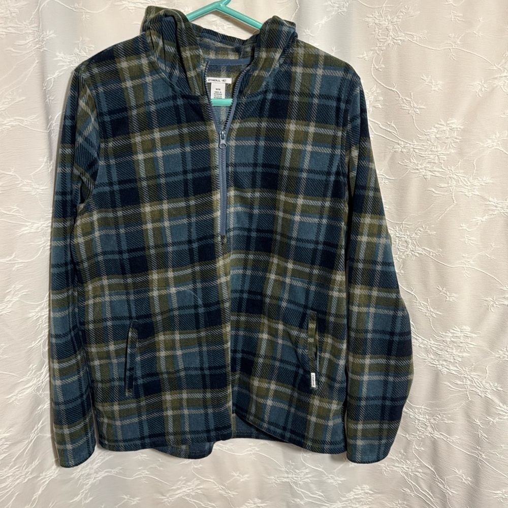 O’Neill women’s Julia pullover hoodie sweatshirt blue plaid print soft fleece m